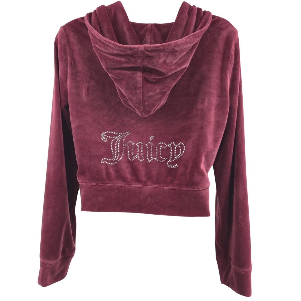 Juicy Couture Velour Hoodie Women Large Burgundy Rhinestone Logo Y2K Style Bling
